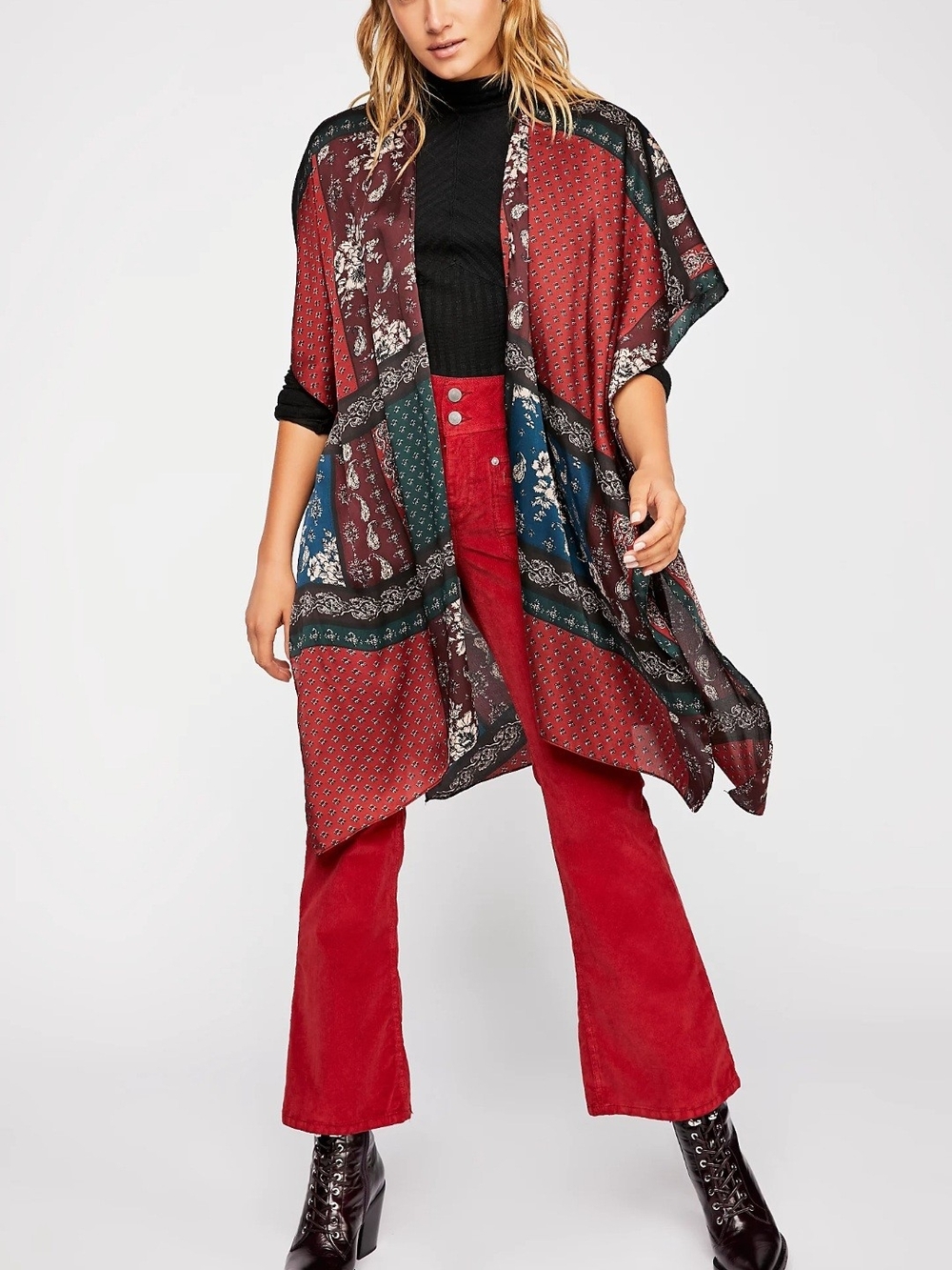 Free People Mon Cheri Silky Patchwork Kimono One Size Art To Wear Boho Flowy
